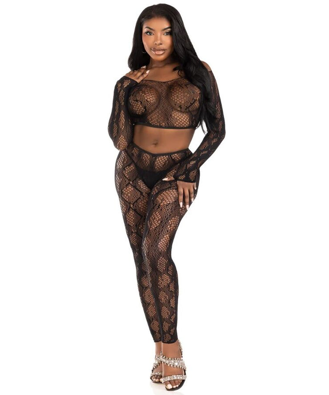 LEG AVENUE - 89373 PYTHON CROP TOP & VOETLOZE PANTY ZWART - EEN MAAT
