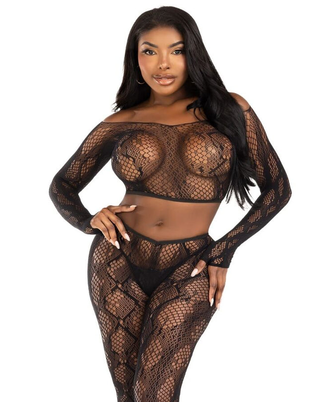 LEG AVENUE - 89373 PYTHON CROP TOP & VOETLOZE PANTY ZWART - EEN MAAT