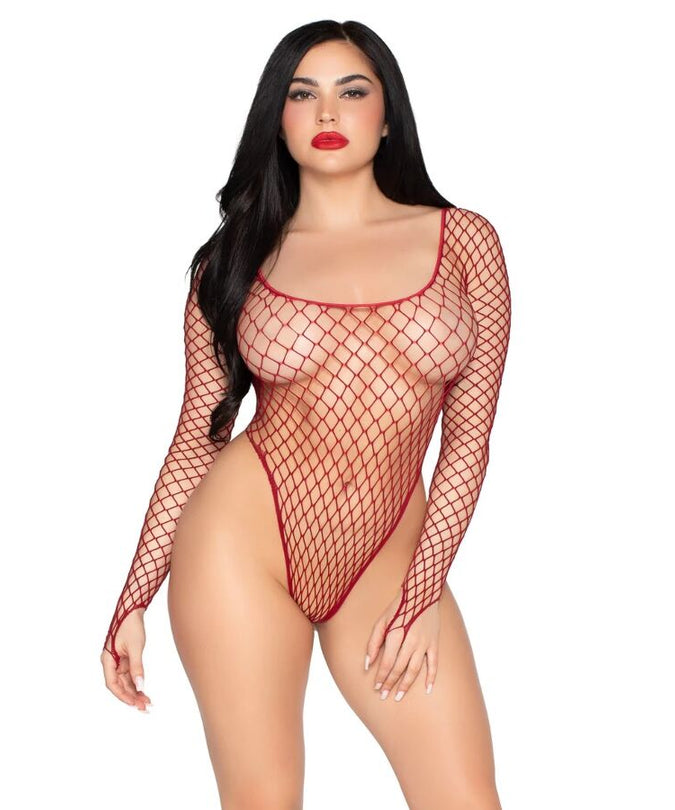 LEG AVENUE - 89377 HIGH-CUT INDUSTRIAL NET BODYSUIT RED - ONE SIZE