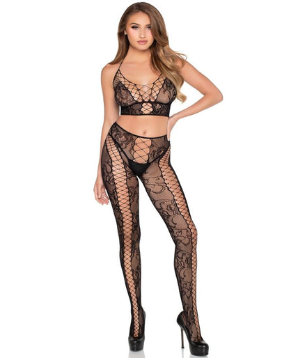 LEG AVENUE - 89368 NET & KANT CROP TOP EN PANTY ZWART - ONE SIZE LEG AVENUE - 89368 NET & KANT CROP TOP EN PANTY ZWART - ONE SIZE