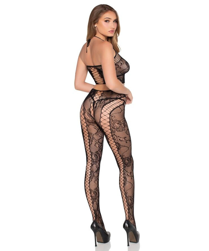LEG AVENUE - 89368 NET & KANT CROP TOP EN PANTY ZWART - ONE SIZE