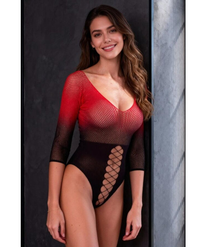 PASSION - BS118 BLACK AND RED MESH BODYSTOCKING