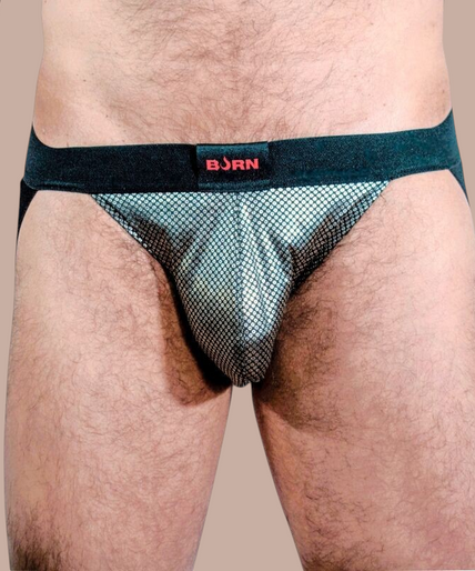 Burn – 023 Jock Studio 54 XL Pleasurements Burn 023 Jock Studio 54 jockstrap met zilverkleurige mesh-stof en zwarte elastische tailleband