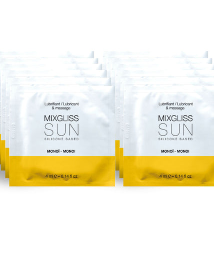 MIXGLISS - GLIJMIDDEL OP SILICONENBASIS AROMA MONOI 12 INDIVIDUELE DOSES 4ML MIXGLISS - GLIJMIDDEL OP SILICONENBASIS AROMA MONOI 12 INDIVIDUELE DOSES 4ML