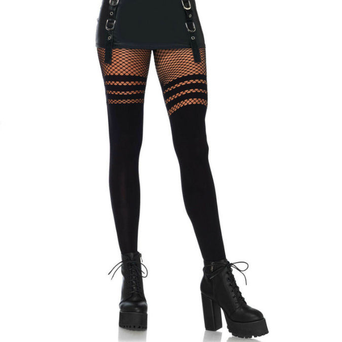 LEG AVENUE - PANTYHOSE ZWART MET FISNNET STREPEN