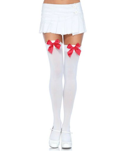 LEG AVENUE - NYLON DIJBEENKOUSE MET STRIK WIT / ROOD LEG AVENUE - NYLON DIJBEENKOUSE MET STRIK WIT / ROOD