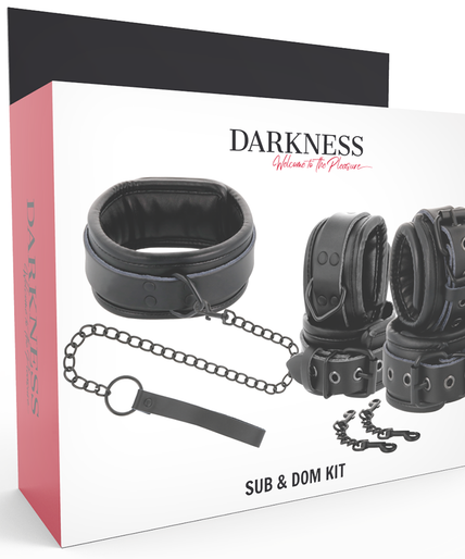 DARKNESS - BLACK LEATHER HANDCUFFS AND COLLAR DARKNESS - BLACK LEATHER HANDCUFFS AND COLLAR