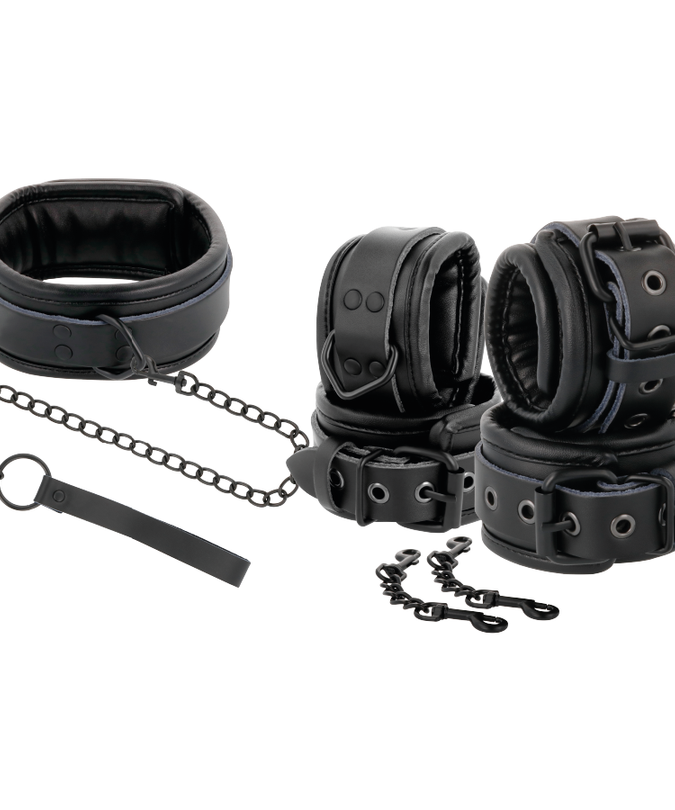 DARKNESS - BLACK LEATHER HANDCUFFS AND COLLAR