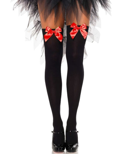 LEG AVENUE - ZWARTE NYLON DIJKOUSEN MET RODE STRIK ONE SIZE LEG AVENUE - ZWARTE NYLON DIJKOUSEN MET RODE STRIK ONE SIZE
