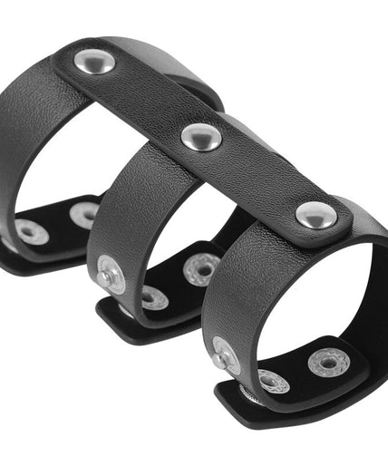 DARKNESS - ADJUSTABLE LEATHER DOUBLE PENIS AND TESTICLE RING DARKNESS - ADJUSTABLE LEATHER DOUBLE PENIS AND TESTICLE RING