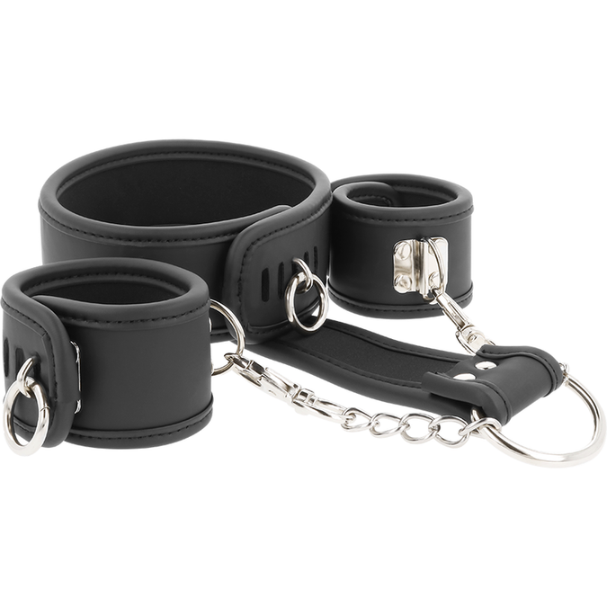 Fetish Submissive – Vegan Leren Ketting en Handboeien met Neopreen Voering