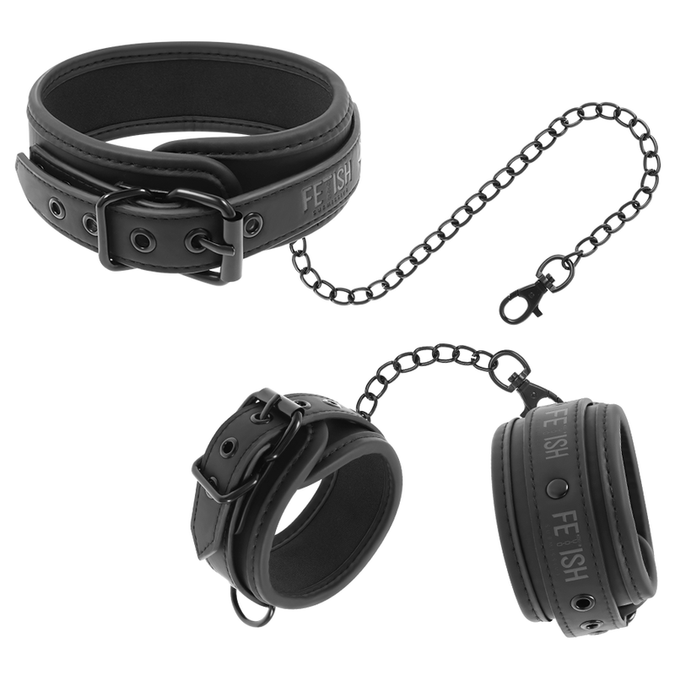 Fetish Onderdanig – Veganistische Leren Ketting en Handboeien met Neopreen Voering