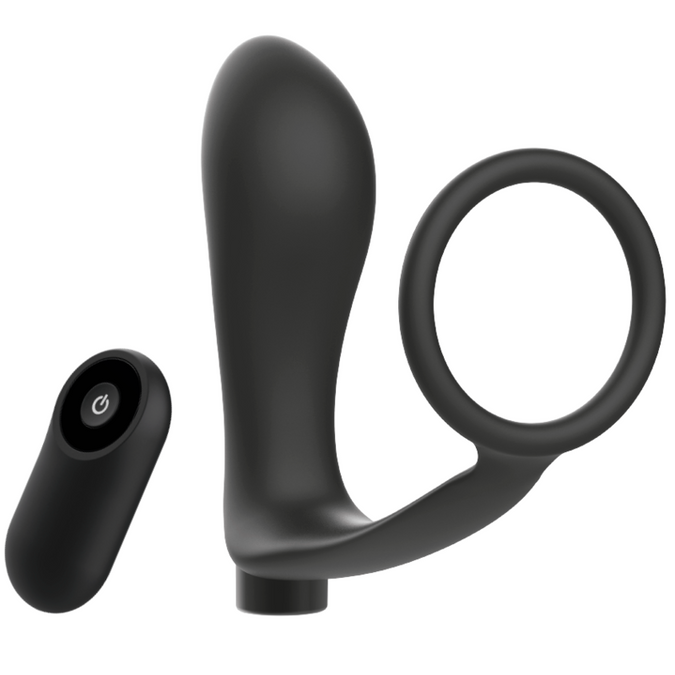 ADDICTED TOYS - PENISRING MET AFSTANDSBEDIENING ANALE PLUG ZWART OPLAADBAAR