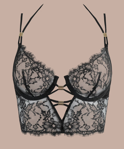 Atelier Amour – Sans Détour Bustier Black Pleasurements Atelier Amour Sans Détour zwarte kanten bustier met verfijnde details gedragen door een model
