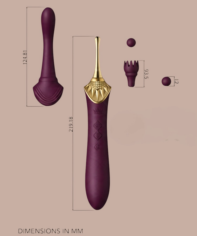 Pleasurements Zalo Bess 2 paarse clitorismassager met verwisselbare opzetstukken en gouden details op een beige achtergrond