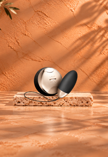 Black and silver LELO toy with matching controller on a light travertine slab, against a warm terracotta background with botanical shadows and burgundy satin