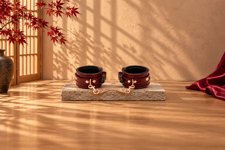 Wine-red leather ankle cuffs with a gold-coloured chain on light stone, with Japanese lattice shadows, red maple leaves and burgundy fabric