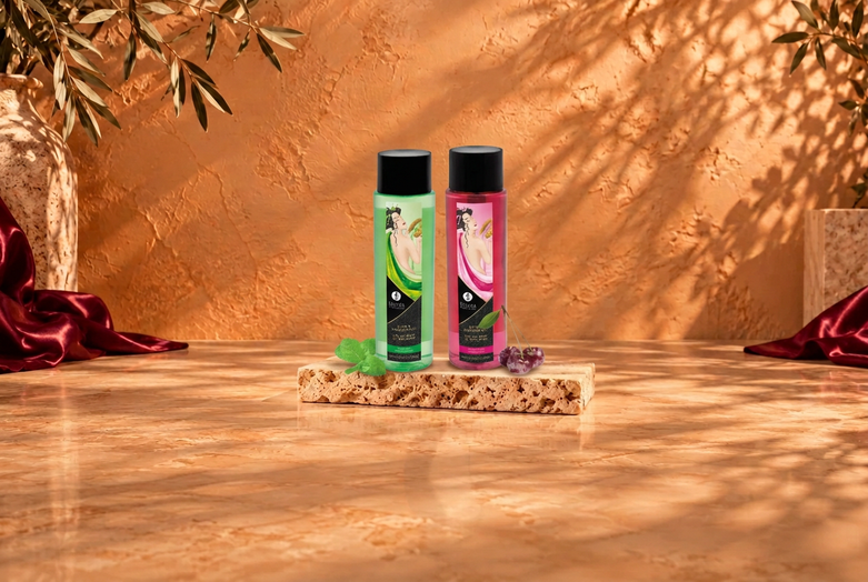 Green and pink Shunga bath and shower bottles on travertine with botanical shadows and burgundy fabric