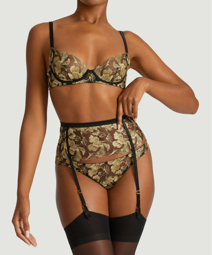 Coco de Mer Oriana suspender belt in zwart en goud