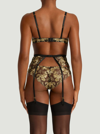 Coco de Mer Oriana suspender belt in zwart en goud