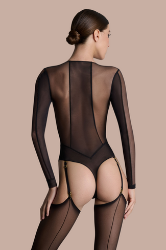 Pleasurements Scandale L'Amoureuse zwarte body met lange mouwen, transparante inzetstukken en jarretelclips.
