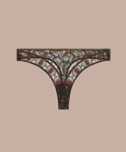 Pleasurements Aubade Sounds of Heart jarretelgordel in Dark Garden met groen kant, lurex borduursel en gouden bedel.