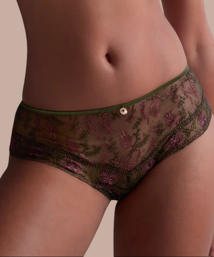 Pleasurements Aubade Sounds of Heart cheeky slip in Dark Garden met moiré borduurwerk en gouden bedel
