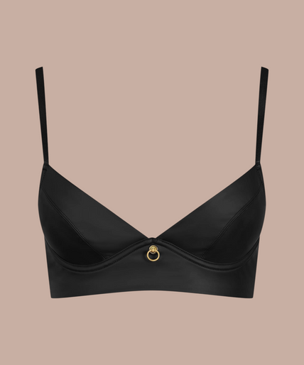 Pleasurements Maison Close Chambre Noire zwarte bralette met satijnen banden, kanten details en goudkleurige hardware.