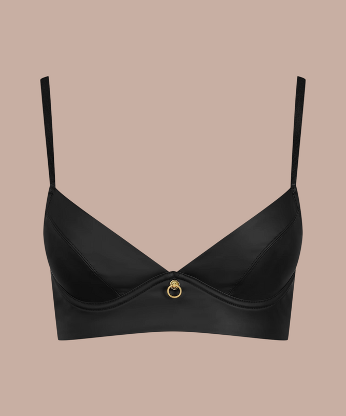 Pleasurements Maison Close Chambre Noire bralette in zwart met satijnen banden en goudkleurige hardware.