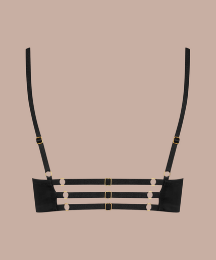 Pleasurements Maison Close Chambre Noire zwarte bralette met satijnen banden, kanten details en goudkleurige hardware.