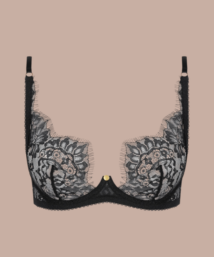 Inspiration Divine black Scarf Bra with scalloped floral lace cups and a low centre front, front view on model.