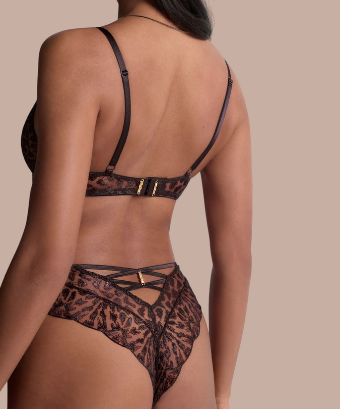 Pleasurements Aubade Crazy In Love satijnbruine kanten bh en hipster set met gouden details en uitgesneden rug