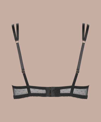 Inspiration Divine black Quarter Cup Bra with sheer lace panels and split shoulder straps, front view on model.