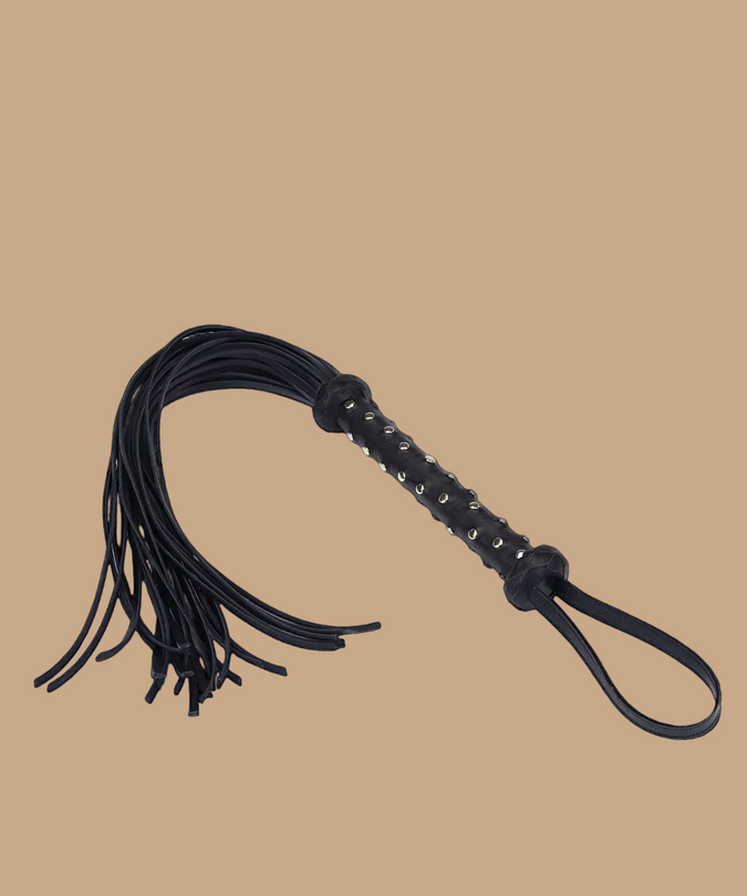 Liebe Seele Dark Secret Deluxe Leather Whip with Studded Handle – Black