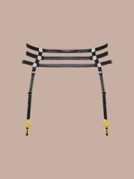 Inspiration Divine black Cross Garters Belt, alternate product view with gold-tone cross clips.