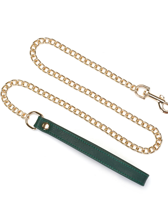 Liefdevolle Ziel halsband van koeienleer met riem – Mosgroen Chic