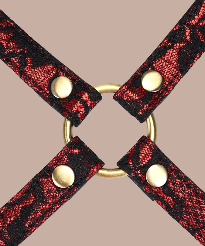 Liebe Seele Lace and PU Hogtie – Victorian Garden Dark Red