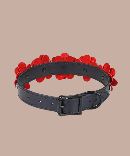 Liebe Seele – Flower Rhythm Leather Collar with Leash – Red Flowers – 40%