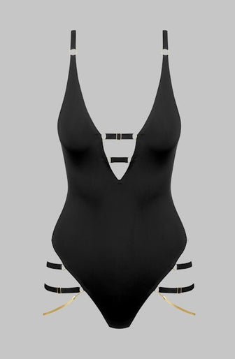 Maison Close – Tapage Nocturne V-hals Juwelen String Bodysuit – Zwart