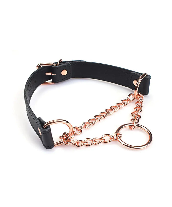 Liebe Seele Black Leather Collar with Rose Gold Chain and Rings