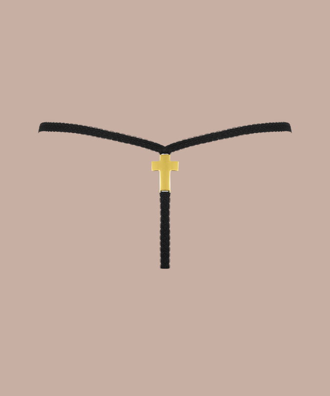 Inspiration Divine black Cross Micro Thong with a narrow back strap and gold-tone cross, rear product view.