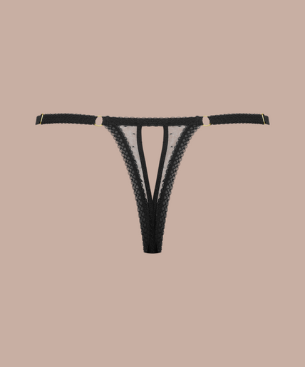 Inspiration Divine black Openable Thong with sheer lace and mesh panels, front view on model.