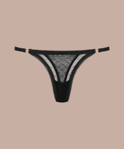 Inspiration Divine black Openable Thong with sheer lace and mesh panels, front view on model.