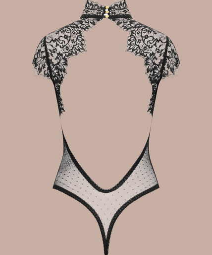 Inspiration Divine black Open Back Lace Thong Body with sheer floral lace and a gold-tone cross at the collar, front view on model.