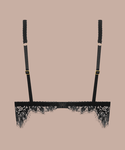 Inspiration Divine black Triangle Bra with sheer floral lace cups and scalloped trim, front view on model.