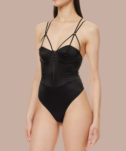 Pleasurements Coco de Mer zwarte zijden Sylph bodysuit met sweetheart halslijn en gestructureerde bandjes