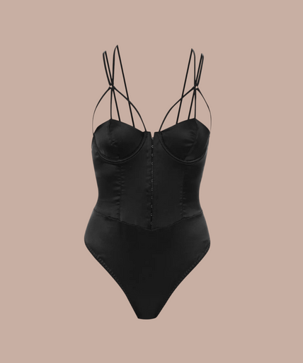 Pleasurements Coco de Mer zwarte zijden Sylph bodysuit met sweetheart halslijn en gestructureerde bandjes