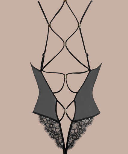 Pleasurements Atelier Amour Sans Détour zwarte kanten bodysuit met diepe V-hals en verfijnde uitsnijdingen