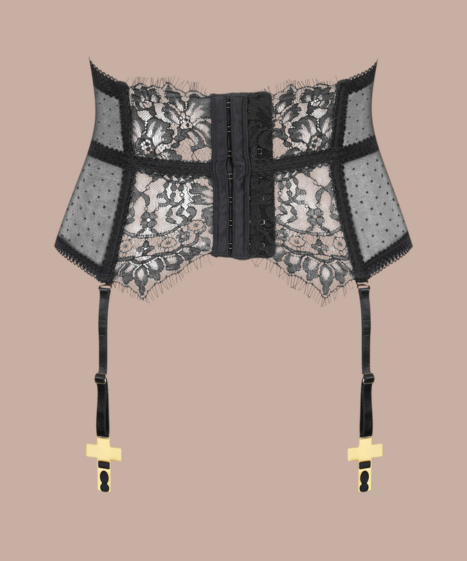 Inspiration Divine black Cross Garter Belt Corset with floral lace, dotted mesh and hook-and-eye fastening, rear product view.