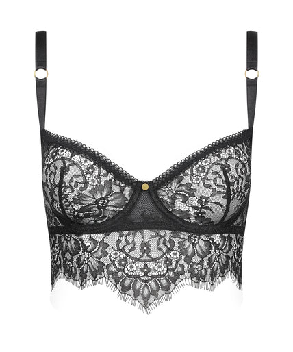 Inspiration Divine black Wire Bra with sheer lace cups and a scalloped longline band, front view on model.